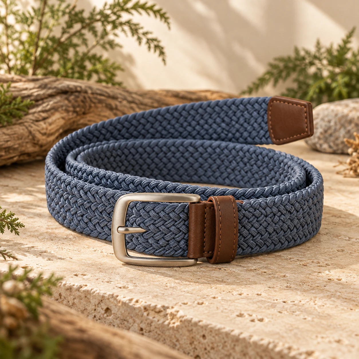 Dusk Braided Belt, Blue gray, rounded rectangular prong buckle