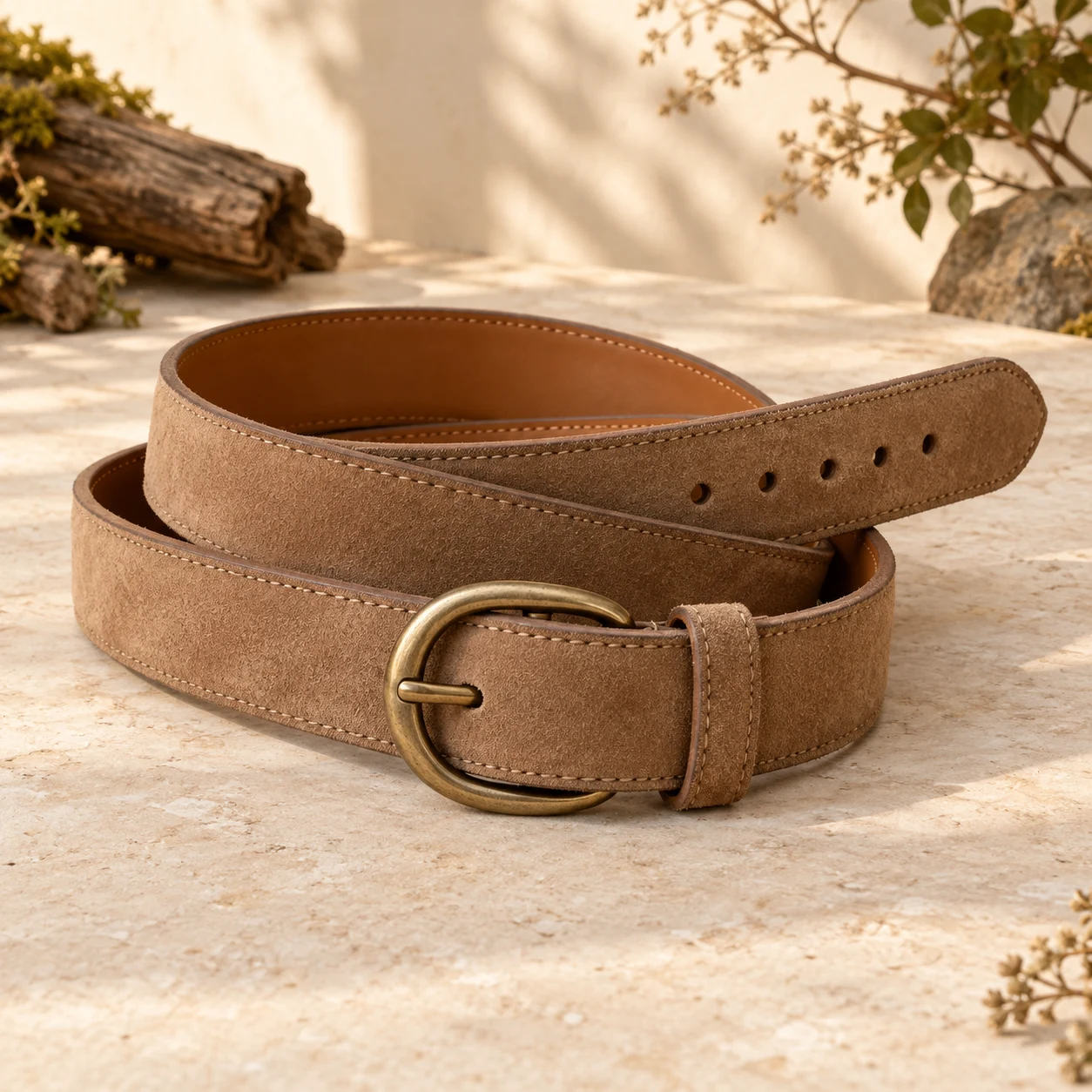 Fawn Suede Belt, Fawn brown, oval prong buckle
