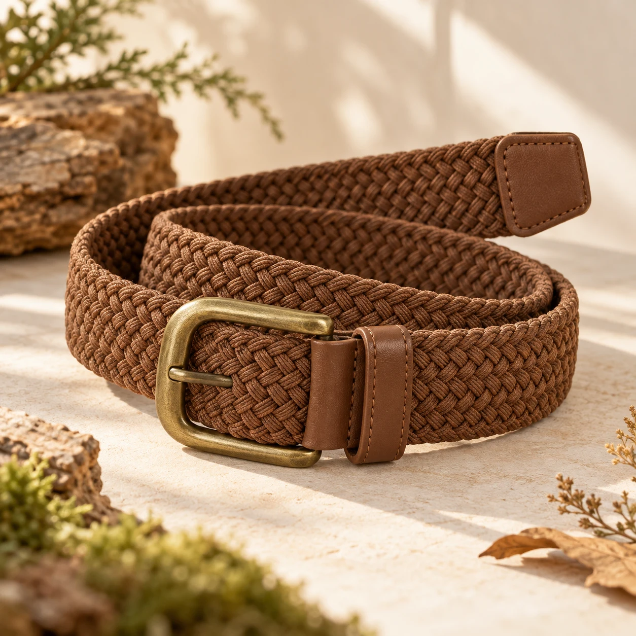 Hazel Braided Belt, Hazelnut brown, rounded rectangular prong buckle