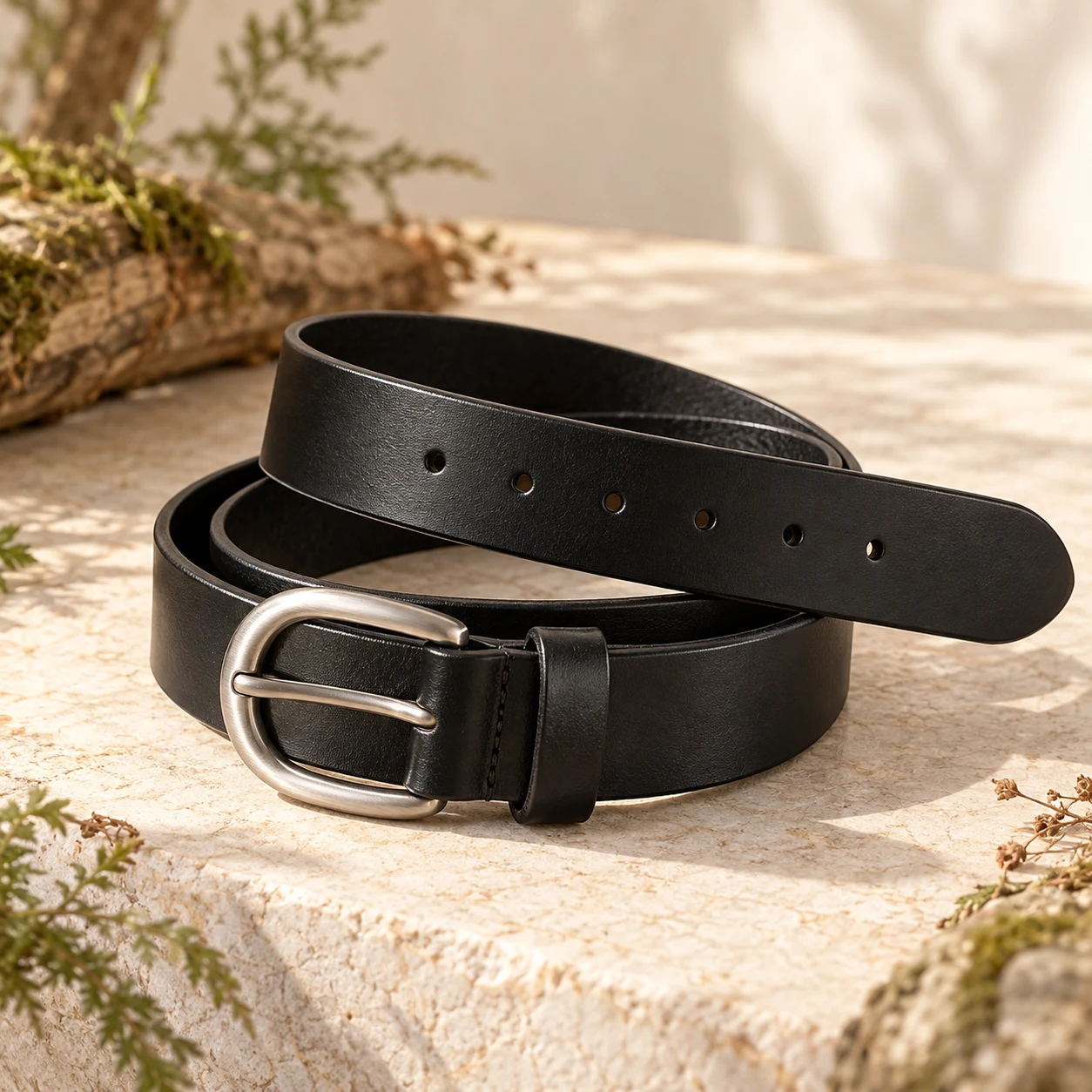 Ink Leather Belt, Black, oval prong buckle