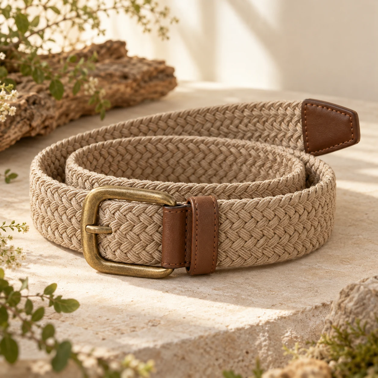 Meadow Braided Belt, Sand beige, rounded rectangular prong buckle