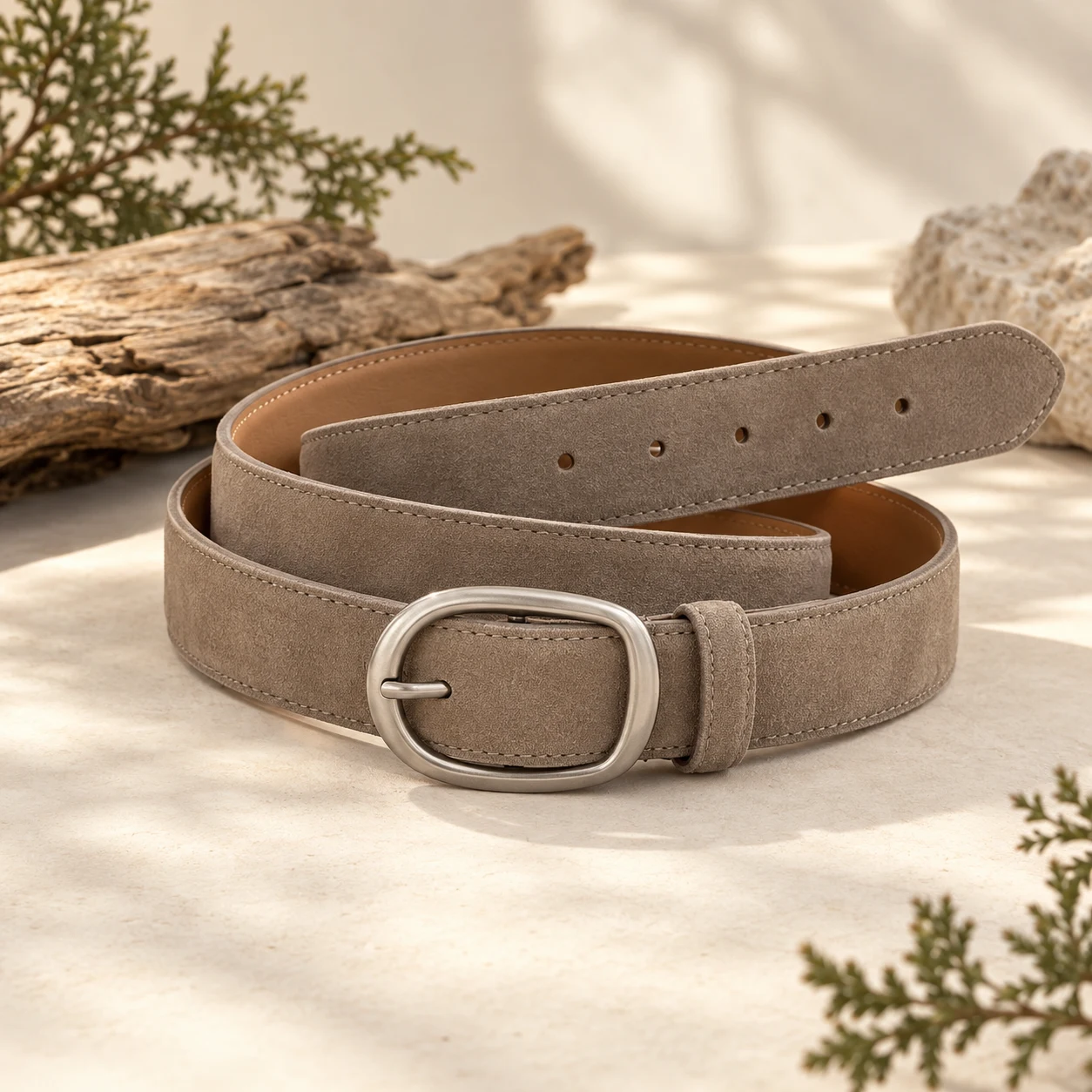 Mist Suede Belt, Warm gray, oval prong buckle