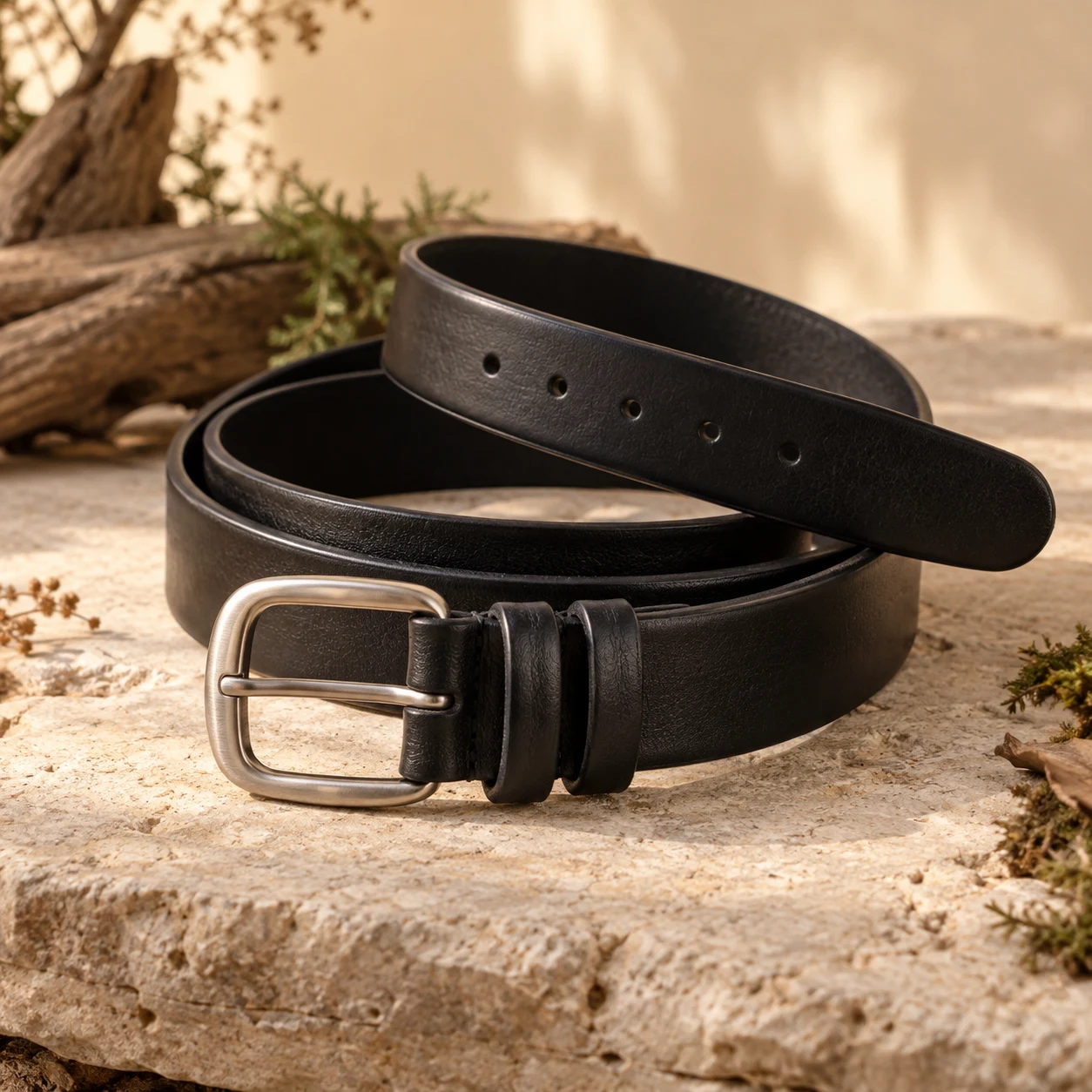 Nightfall Keeper Belt, Black, rounded rectangular prong buckle with two leather keepers