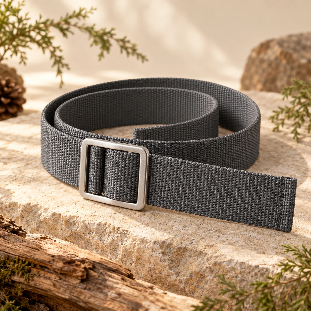 Slate Webbing Belt, Slate gray, rectangular three-bar slide buckle